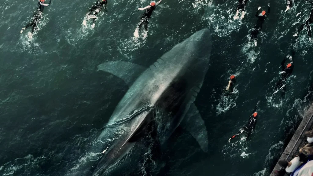 scena del film under paris, squalo e nuotatori