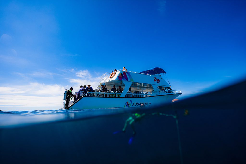 Barca di immersione Aquaworld con sub pronti a esplorare il Museo Subacqueo di Cancun (MUSA).