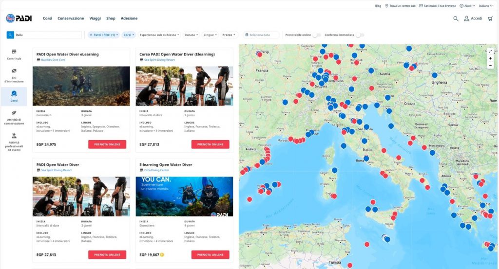 dove fare corsi subacquei padi mappa punti 