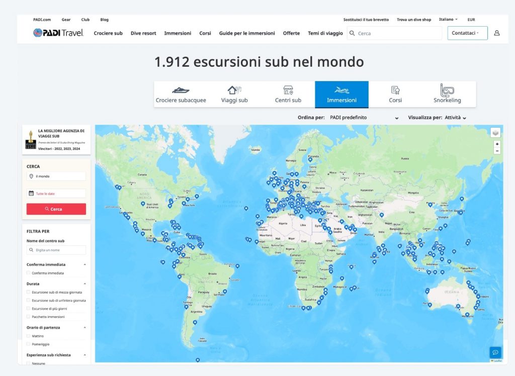 padi adventures mappa immersioni subacquee